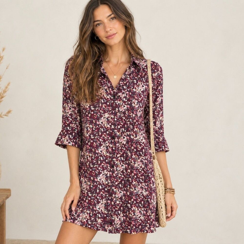 Natural Life Twiggy Ditsy Floral Mini Shirt Dress M Burgundy Boho Cottage NWOT